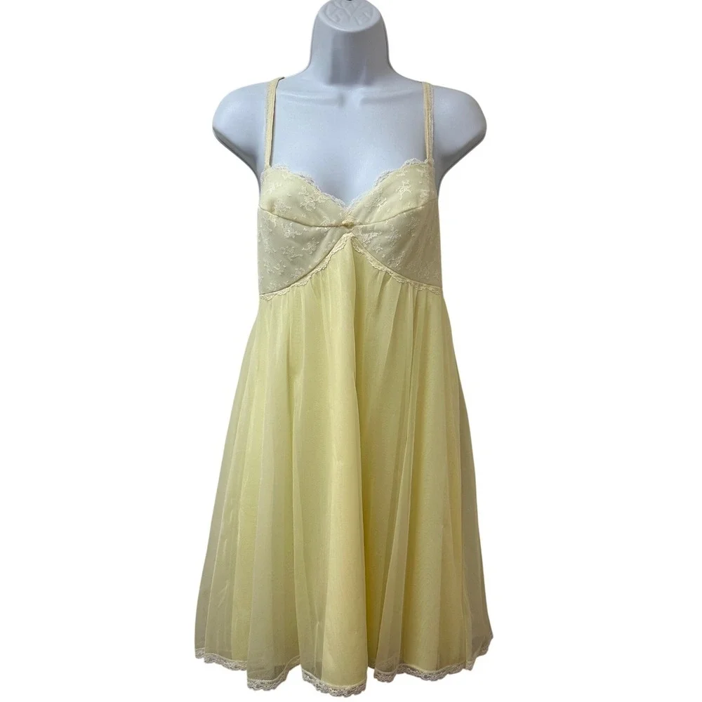 Vintage Warners Yellow Lace Babydoll Nightgown 32 USA 60s 70s Sheer Lingerie